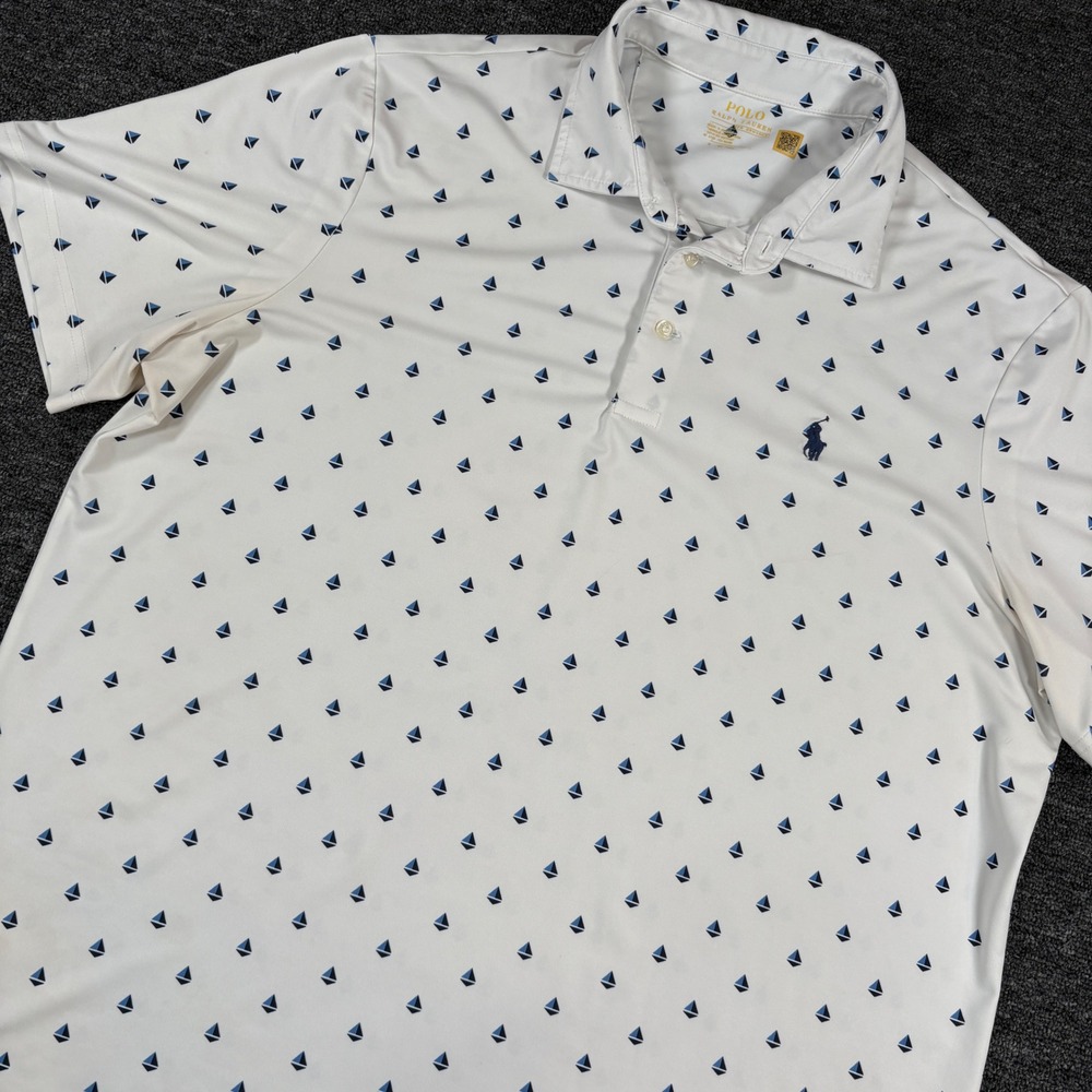 Polo Ralph Lauren Polo Shirt Mens L White Blue Sailboat Performance AOP